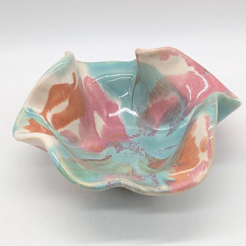 Handthrown Pink Blue Orange Ceramic Abstract Ruffle Edge Dish